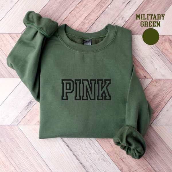 Embroidered Pink Sweatshirt, 2D Crewneck Sweatshirt For Music Lover