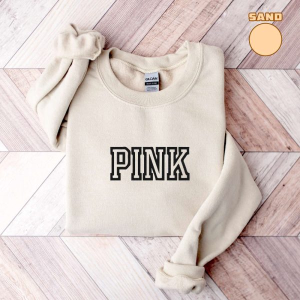 Embroidered Pink Sweatshirt, 2D Crewneck Sweatshirt For Music Lover