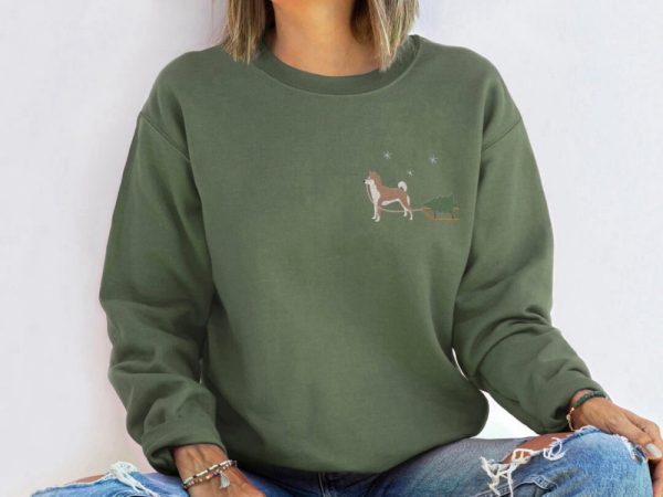 Embroidered Sweatshirt, Shiba Inu Harvesting A Christmas Tree For Christmas