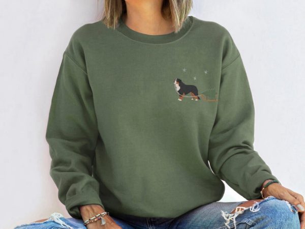 Embroidered Sweatshirt, Bernese Mountain Dog Harvesting A Christmas Tree For Family