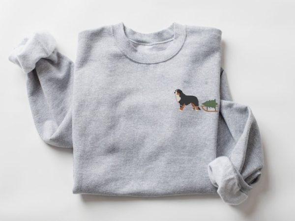 Embroidered Sweatshirt, Bernese Mountain Dog Harvesting A Christmas Tree For Family