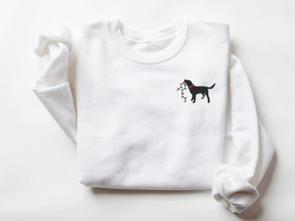 Embroidered Sweatshirt, Christmas Lights And Black Labrador, Gift For Christmas