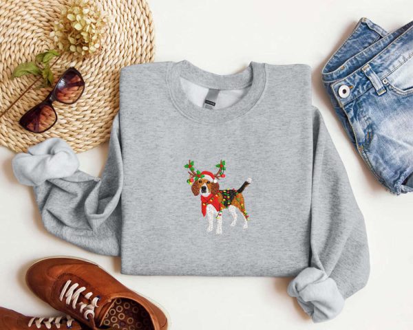 Embroidered Beagle Dog Reindeer Christmas Sweatshirt, Gift For Dog Lover