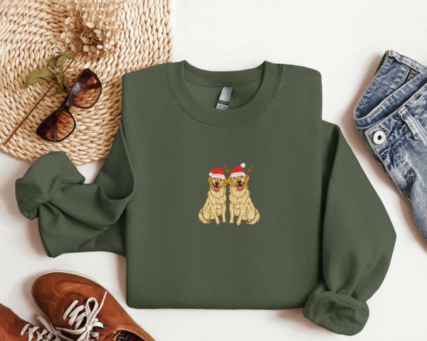 Embroidered Golden Retriever Christmas Sweatshirt, 2D Crewneck Sweater For Family