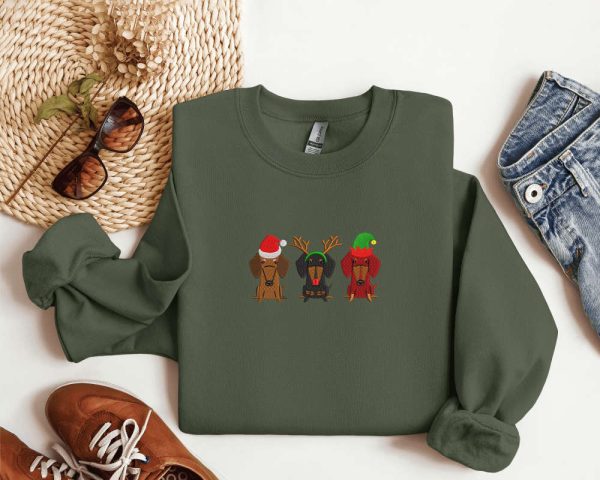 Embroidered Dachshund Christmas Sweatshirt Xmas Dachshund Sweatshirt For Family