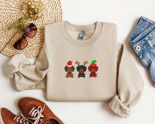 Embroidered Dachshund Christmas Sweatshirt Xmas Dachshund Sweatshirt For Family