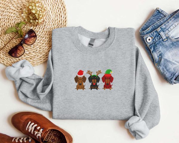 Embroidered Dachshund Christmas Sweatshirt Xmas Dachshund Sweatshirt For Family