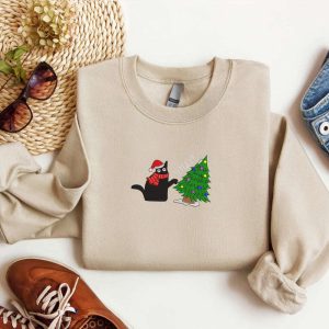 Embroidered Black Cat Christmas Sweatshirt 2D…