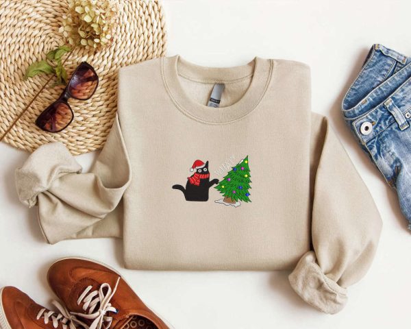 Embroidered Black Cat Christmas Sweatshirt 2D Crewneck Sweater For Christmas