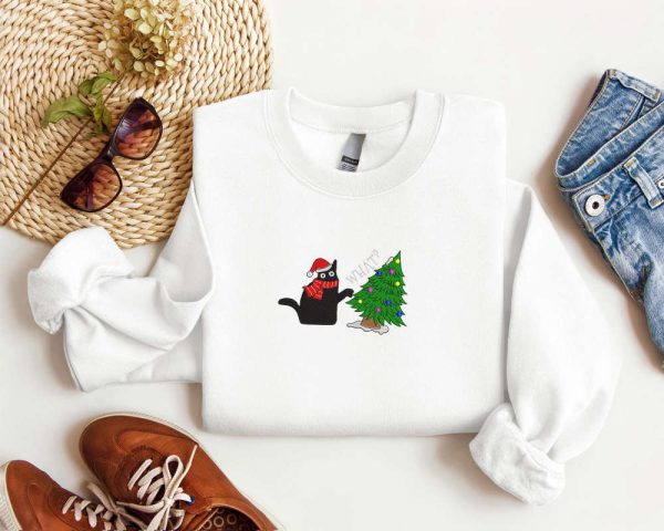 Embroidered Black Cat Christmas Sweatshirt 2D Crewneck Sweater For Christmas