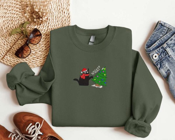 Embroidered Black Cat Christmas Sweatshirt 2D Crewneck Sweater For Christmas