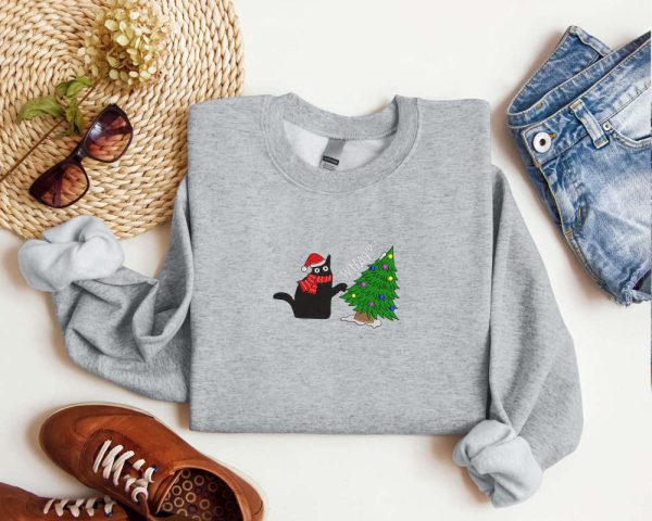 Embroidered Black Cat Christmas Sweatshirt 2D Crewneck Sweater For Christmas