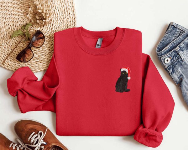 Embroidered Black Cat Santa Christmas Sweatshirt 2D Crewneck Sweater For Women