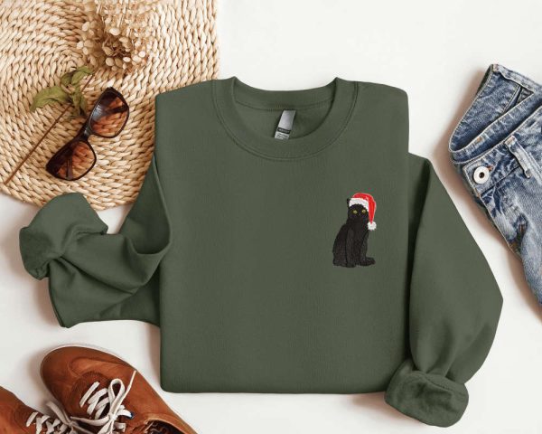 Embroidered Black Cat Santa Christmas Sweatshirt 2D Crewneck Sweater For Women