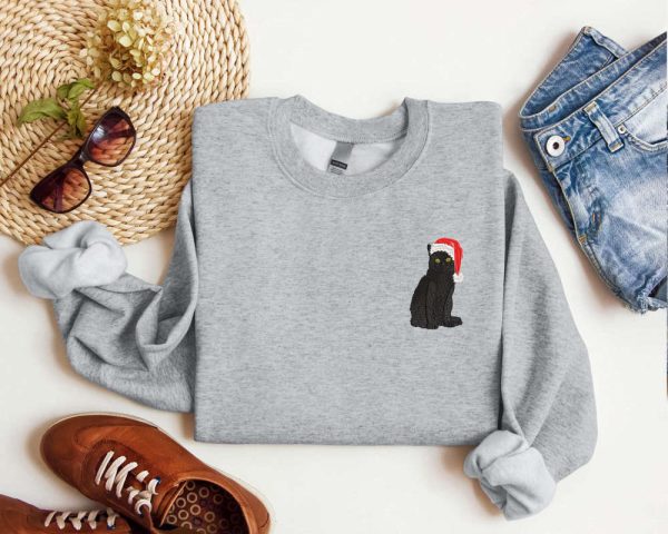 Embroidered Black Cat Santa Christmas Sweatshirt 2D Crewneck Sweater For Women