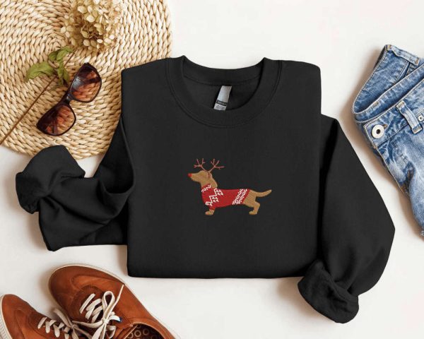 Embroidered Dachshund Reindeer Christmas Sweatshirt For Men And Women