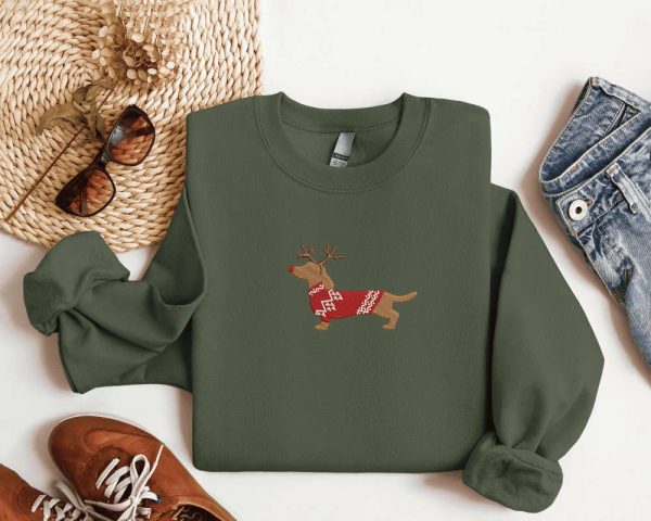 Embroidered Dachshund Reindeer Christmas Sweatshirt For Men And Women