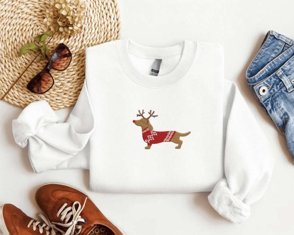 Embroidered Dachshund Reindeer Christmas Sweatshirt For Men And Women