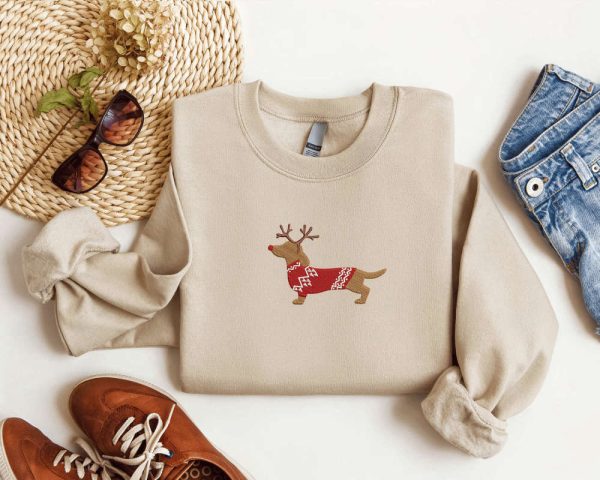 Embroidered Dachshund Reindeer Christmas Sweatshirt For Men And Women