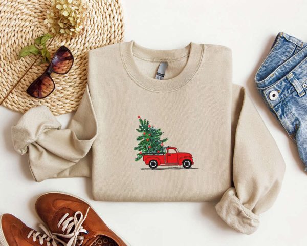 Embroidered Christmas Truck Sweatshirt Embroidered, Best Gift For Christmas