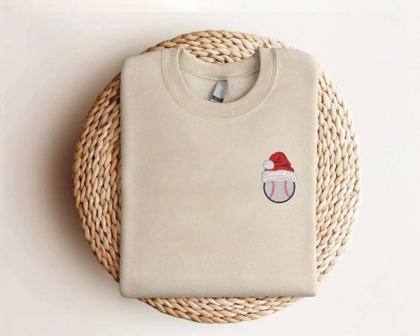 Embroidered Baseball Christmas Sweatshirt, Baseball Santa Hat Sweatshirt For Family