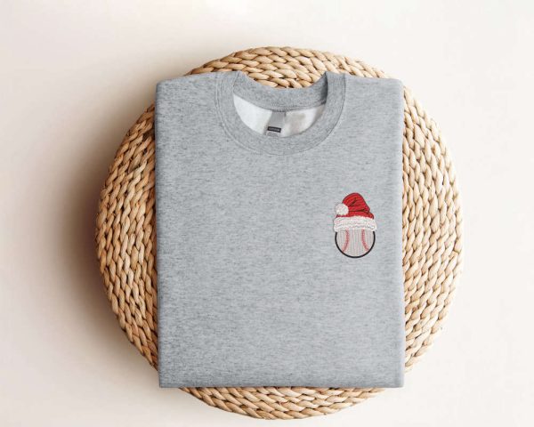 Embroidered Baseball Christmas Sweatshirt, Baseball Santa Hat Sweatshirt For Family