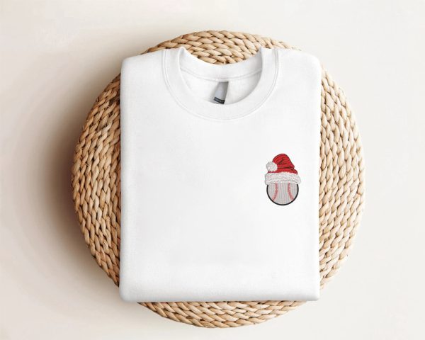 Embroidered Baseball Christmas Sweatshirt, Baseball Santa Hat Sweatshirt For Family