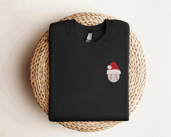 Embroidered Baseball Christmas Sweatshirt, Baseball Santa Hat Sweatshirt For Family