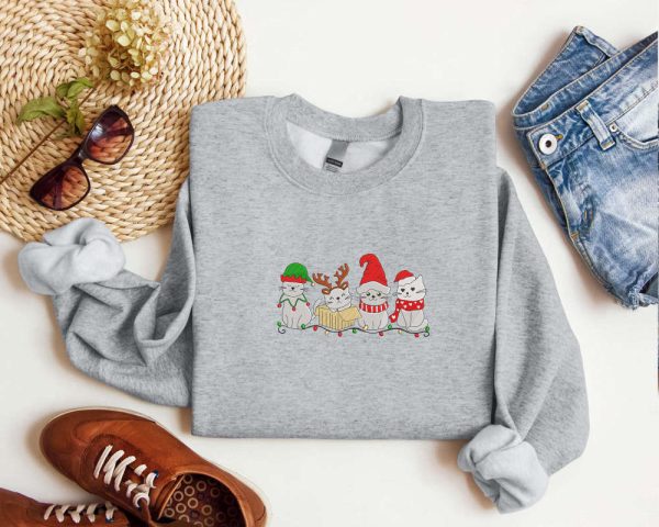 Embroidered Cat Santa Christmas Sweatshirt, Christmas Crewneck Sweater For Family