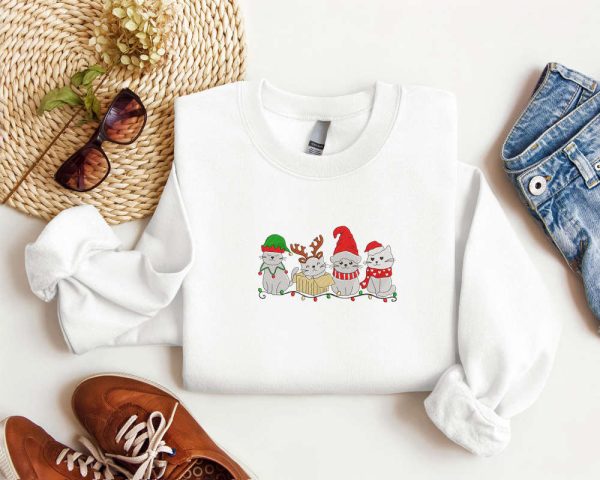 Embroidered Cat Santa Christmas Sweatshirt, Christmas Crewneck Sweater For Family