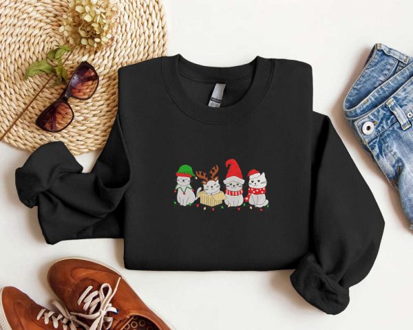 Embroidered Cat Santa Christmas Sweatshirt, Christmas Crewneck Sweater For Family