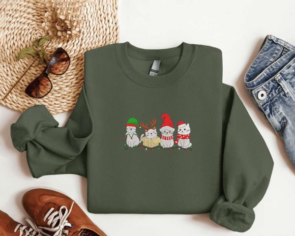 Embroidered Cat Santa Christmas Sweatshirt, Christmas Crewneck Sweater For Family