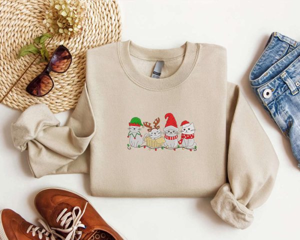 Embroidered Cat Santa Christmas Sweatshirt, Christmas Crewneck Sweater For Family