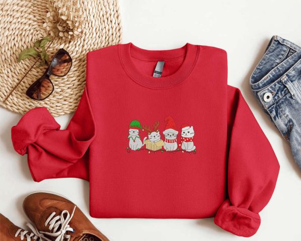 Embroidered Cat Santa Christmas Sweatshirt, Christmas Crewneck Sweater For Family