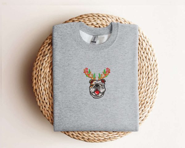 Embroidered Bulldog Christmas Sweatshirt Christmas Dog Sweatshirt For Dog Lover