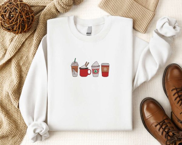 Embroidered Coffee Christmas Sweatshirt 2D Crewneck Sweater, Gift For Christmas