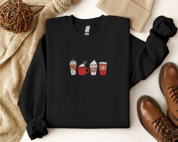 Embroidered Coffee Christmas Sweatshirt 2D Crewneck Sweater, Gift For Christmas