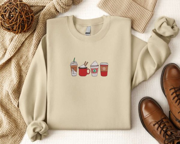 Embroidered Coffee Christmas Sweatshirt 2D Crewneck Sweater, Gift For Christmas