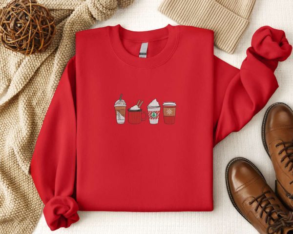 Embroidered Coffee Christmas Sweatshirt 2D Crewneck Sweater, Gift For Christmas