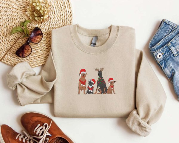 Embroidered Dog Santa Christmas Sweatshirt Christmas Dog Sweatshirt Christmas Crewneck Sweater