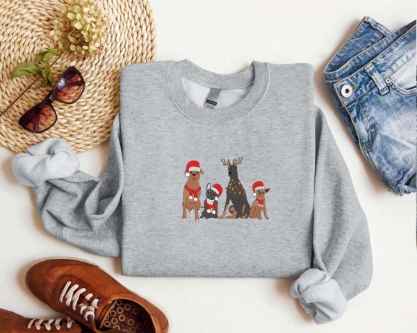 Embroidered Dog Santa Christmas Sweatshirt Christmas Dog Sweatshirt Christmas Crewneck Sweater