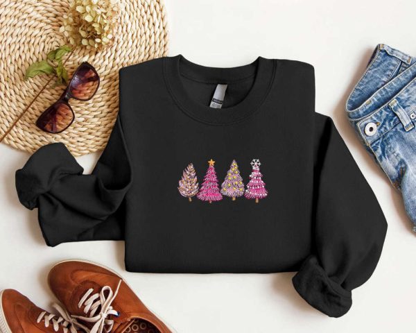 Embroidered Christmas Tree Sweatshirt, Tree Pink Sweatshirt For Christmas