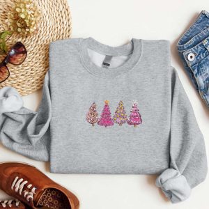 Embroidered Christmas Tree Sweatshirt, Tree Pink…