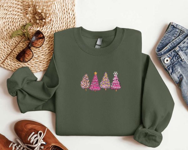 Embroidered Christmas Tree Sweatshirt, Tree Pink Sweatshirt For Christmas