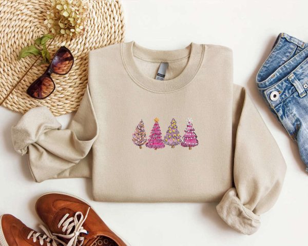 Embroidered Christmas Tree Sweatshirt, Tree Pink Sweatshirt For Christmas