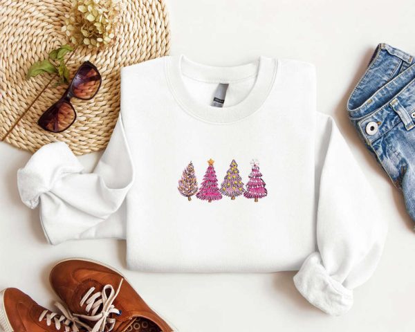 Embroidered Christmas Tree Sweatshirt, Tree Pink Sweatshirt For Christmas