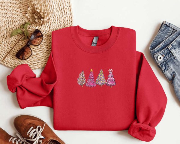 Embroidered Christmas Tree Sweatshirt, Tree Pink Sweatshirt For Christmas