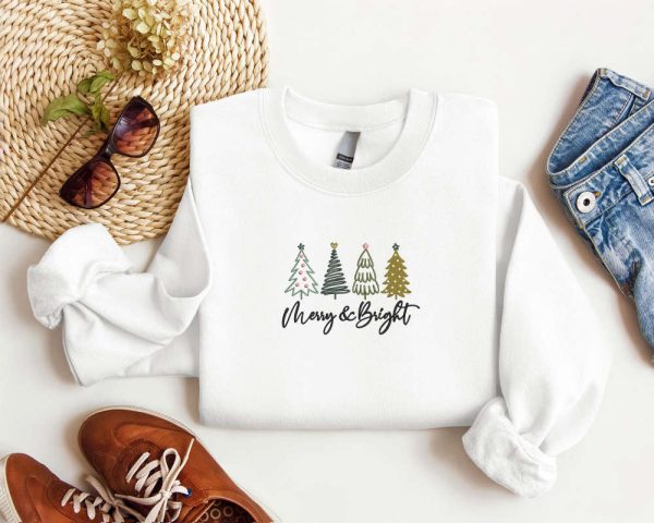 Embroidered Merry and Bright Christmas Sweatshirt, Christmas Tree Sweatshirt For Family