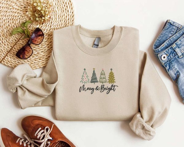 Embroidered Merry and Bright Christmas Sweatshirt, Christmas Tree Sweatshirt For Family