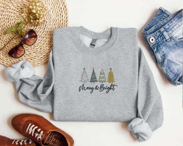 Embroidered Merry and Bright Christmas Sweatshirt, Christmas Tree Sweatshirt For Family